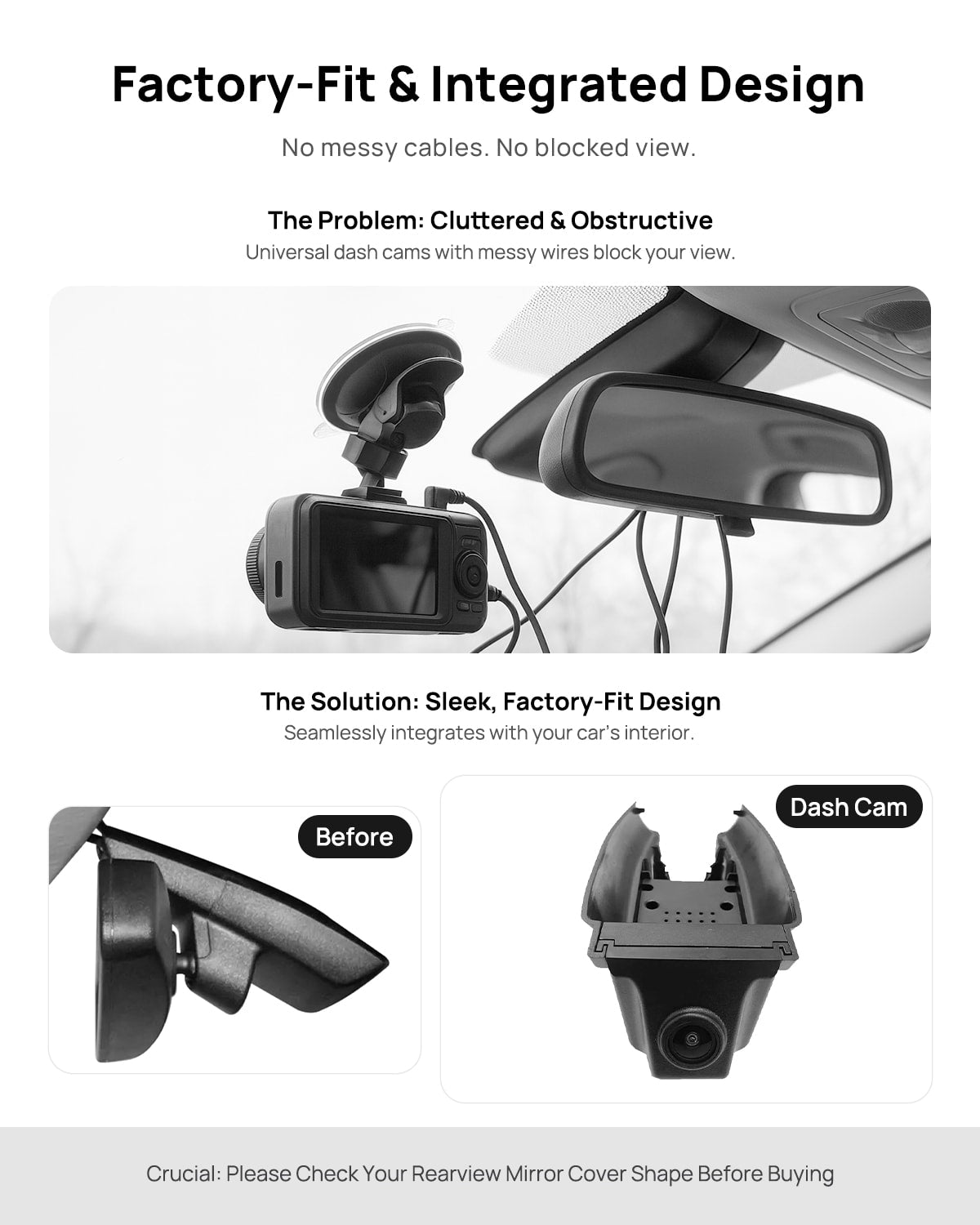 Before vs after installation on Ford EcoSport Everest 2017 2018: integrated front & rear dash cam behind mirror cover for a cleaner, unobstructed view