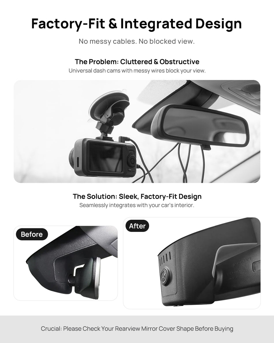 Before vs after installation on Volkswagen Touareg 2019-2025: integrated front & rear dash cam behind mirror cover for a cleaner, unobstructed view