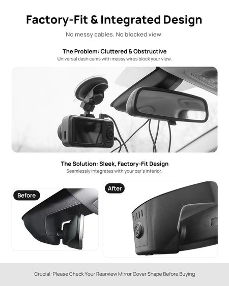 Before vs after installation on Volkswagen Touareg 2019-2025: integrated dash cam behind mirror cover for a cleaner, unobstructed view