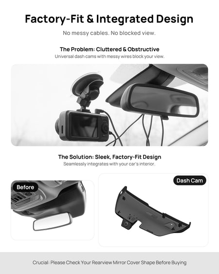 Before vs after installation on Ford Explorer 2024 2025: integrated front & rear dash cam behind mirror cover for a cleaner, unobstructed view