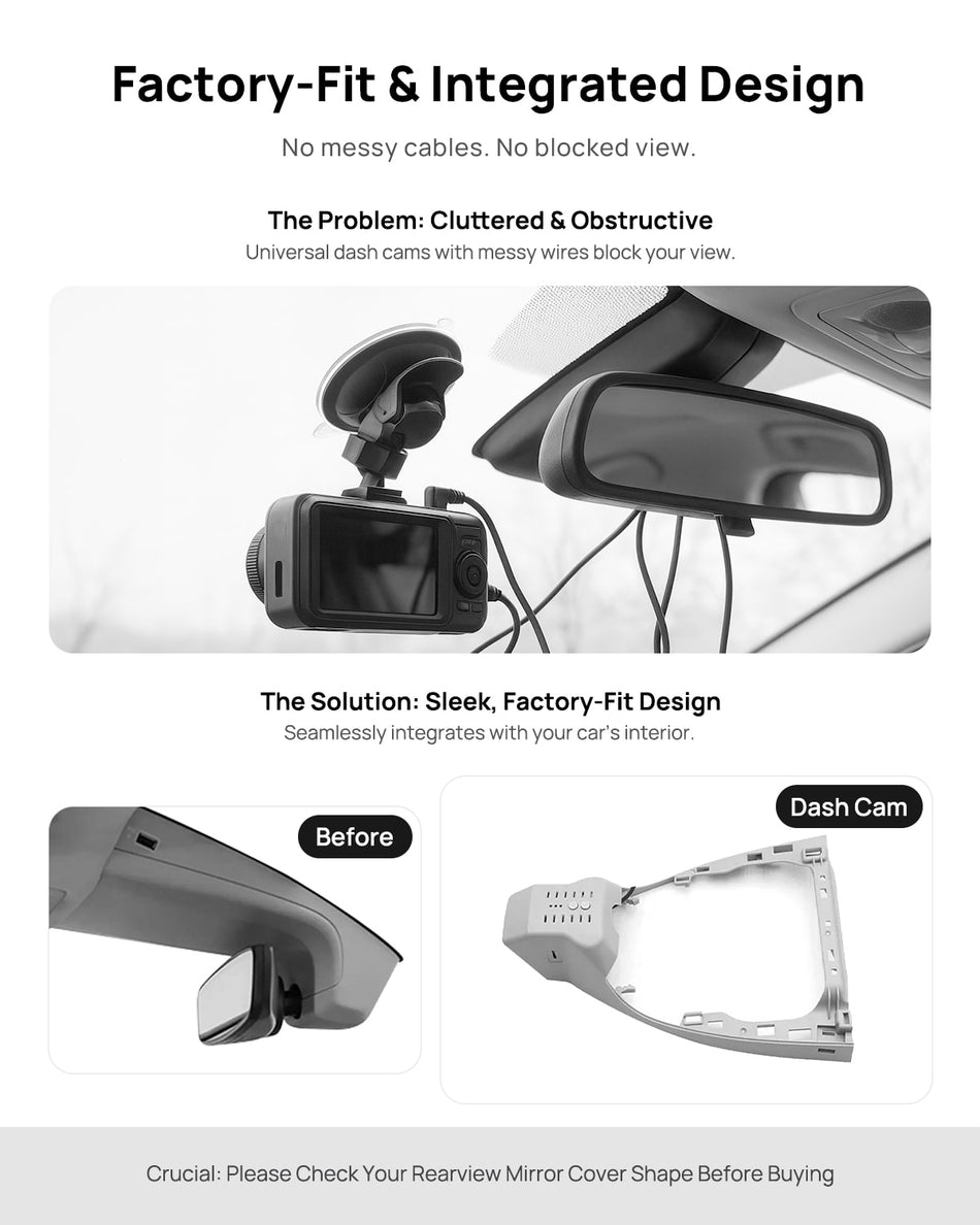 Before vs after installation on Volkswagen ID.7 VIZZION 2023-2025: integrated front & rear dash cam behind mirror cover for a cleaner, unobstructed view