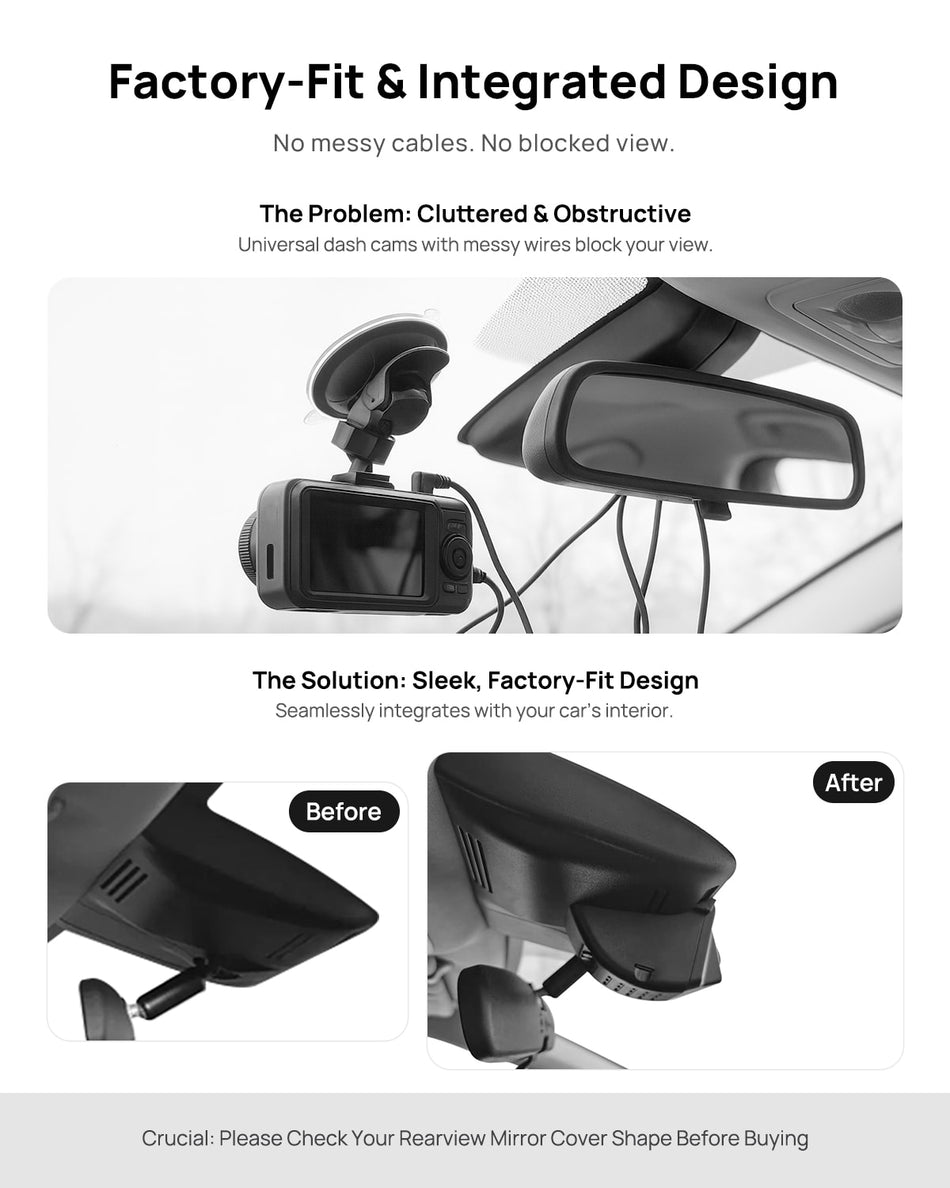 Before vs after installation on Honda CR-V 2017-2022: integrated dash cam behind mirror cover for a cleaner, unobstructed view