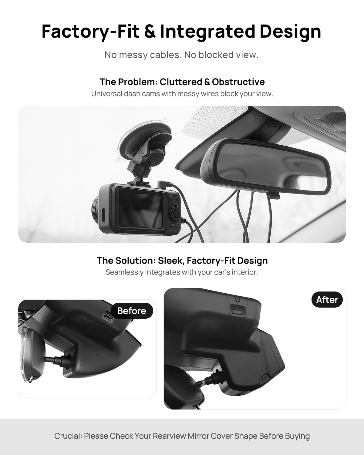Before vs after installation on Hongqi H5 2023(Black): integrated dash cam behind mirror cover for a cleaner, unobstructed view