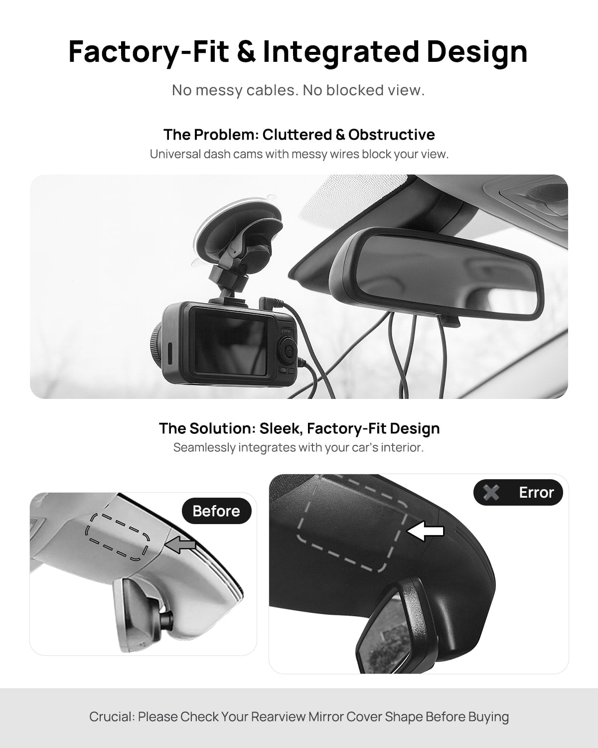 Before vs after installation on ?koda Superb 2015-2018: integrated front & rear dash cam behind mirror cover for a cleaner, unobstructed view