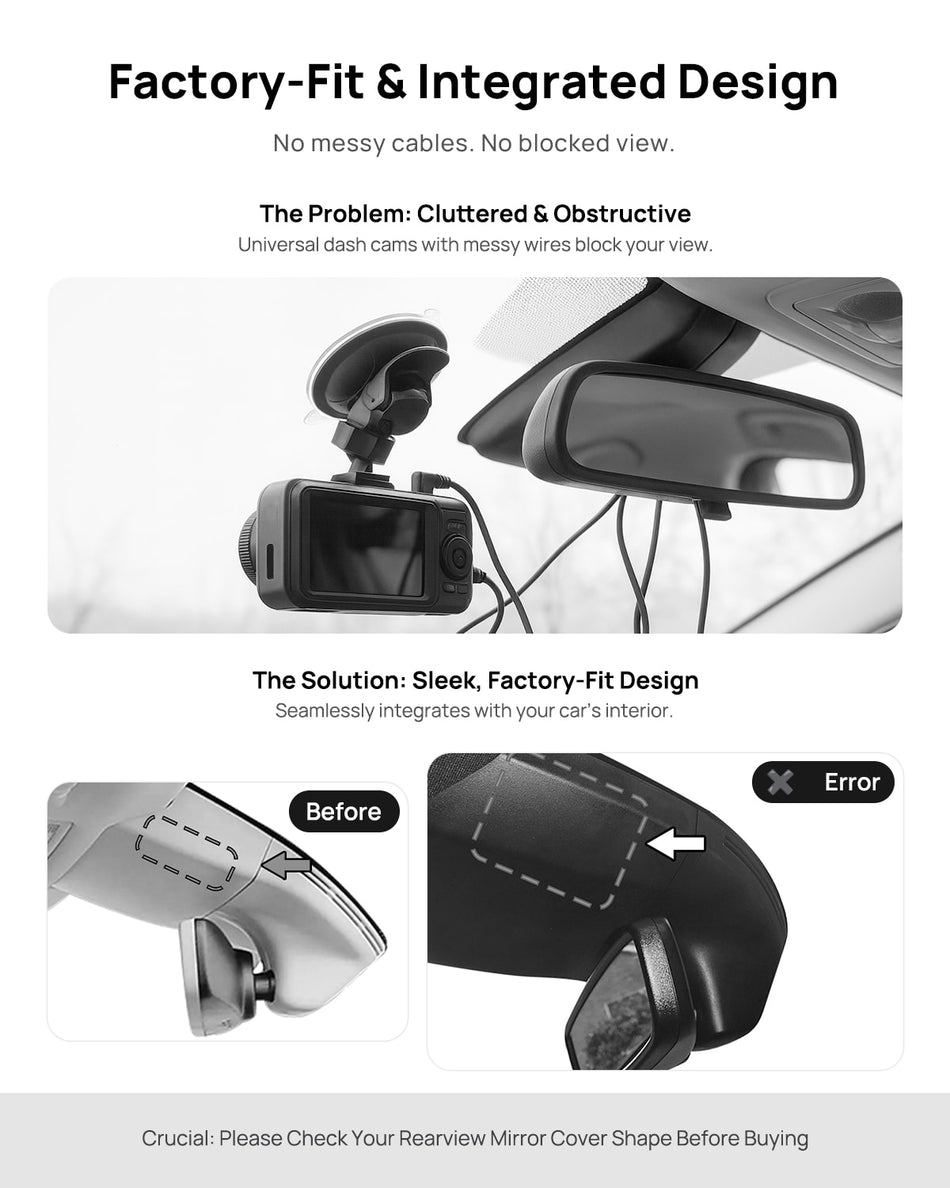 Before vs after installation on ?koda Superb 2015-2018: integrated front & rear dash cam behind mirror cover for a cleaner, unobstructed view