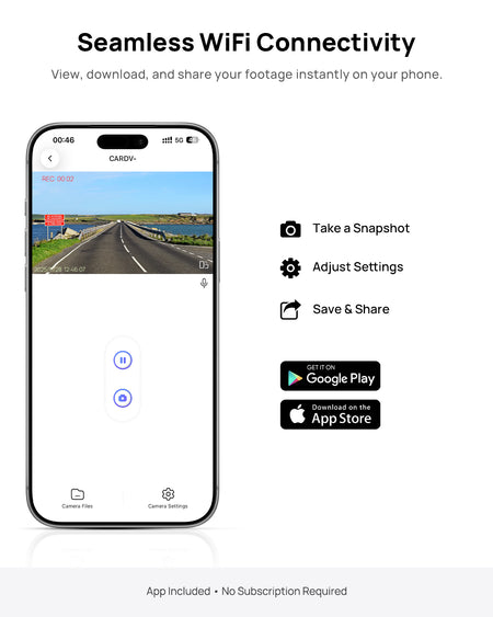 Xplywi Dash cam WiFi app screen for local playback, downloads and settings (no subscription required)