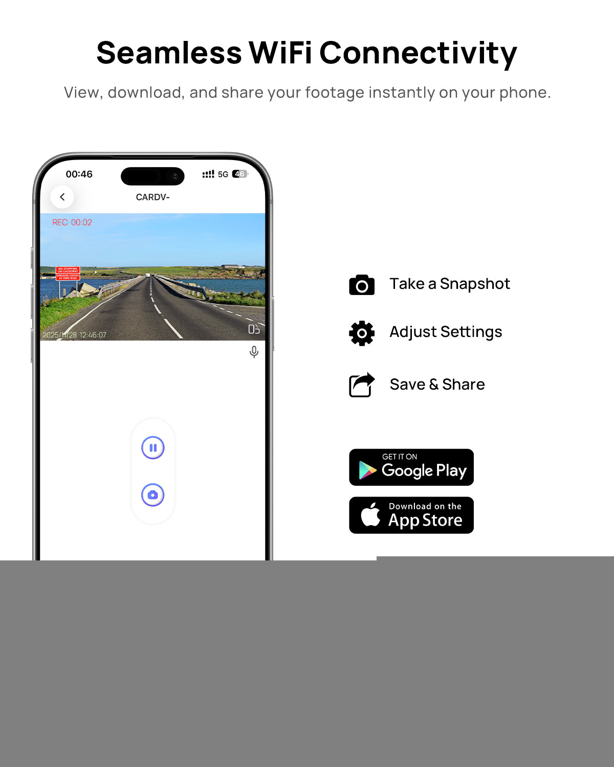 Xplywi Dash cam WiFi app screen for local playback, downloads and settings (no subscription required)