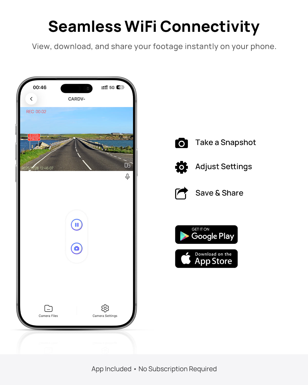 Xplywi Dash cam WiFi app screen for local playback, downloads and settings (no subscription required)