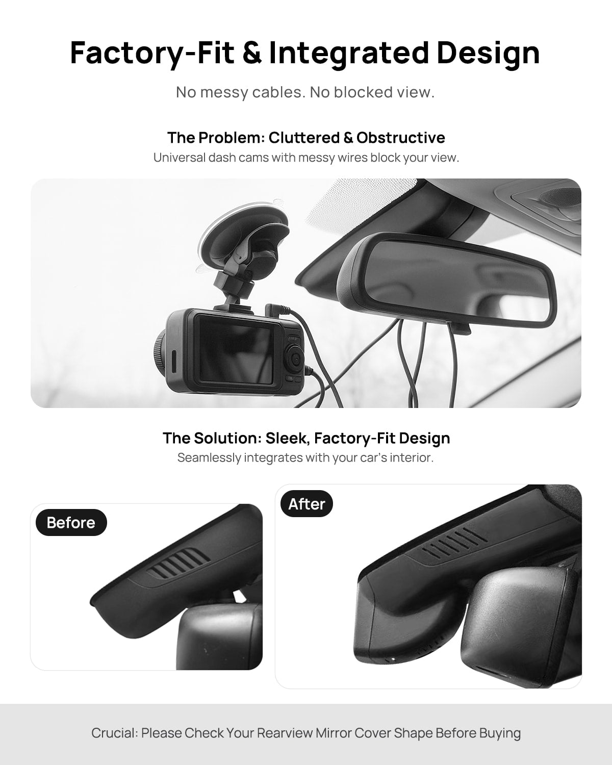 Before vs after installation on Mercedes-Benz AMG GLA45 GLA260 X156 2014 2015: integrated front & rear dash cam behind mirror cover for a cleaner, unobstructed view