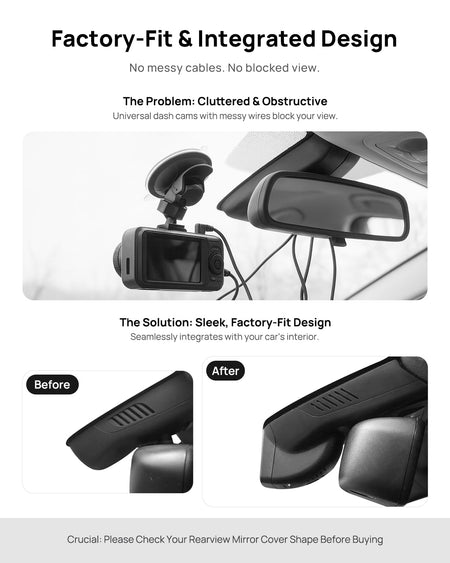 Before vs after installation on Mercedes-Benz AMG GLA45 GLA260 X156 2014 2015: integrated dash cam behind mirror cover for a cleaner, unobstructed view