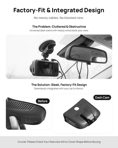 Before vs after installation on Mercedes-Benz AMG A35 A45 A-Class A180 A200 W177 2019-2022: integrated dash cam behind mirror cover for a cleaner, unobstructed view