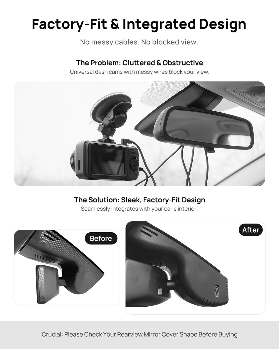Before vs after installation on BMW 3 Series G20 G21 2020-2021: integrated front & rear dash cam behind mirror cover for a cleaner, unobstructed view