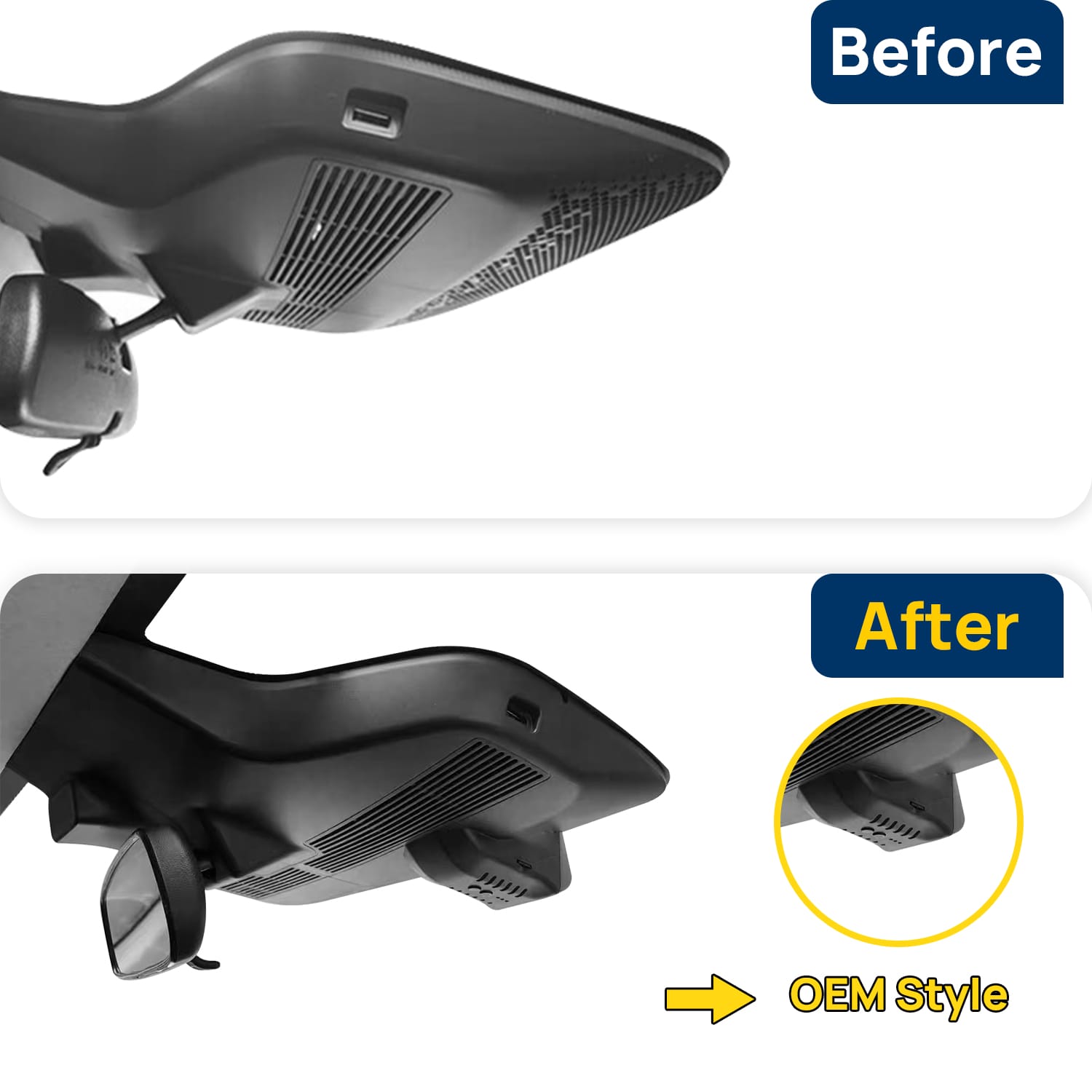 Vorher-Nachher Vergleich: Xplywi 4K Frontkamera Dashcam Kompatibel mit GAC AION Y Plus 2022-2025, diskrete OEM-Installation