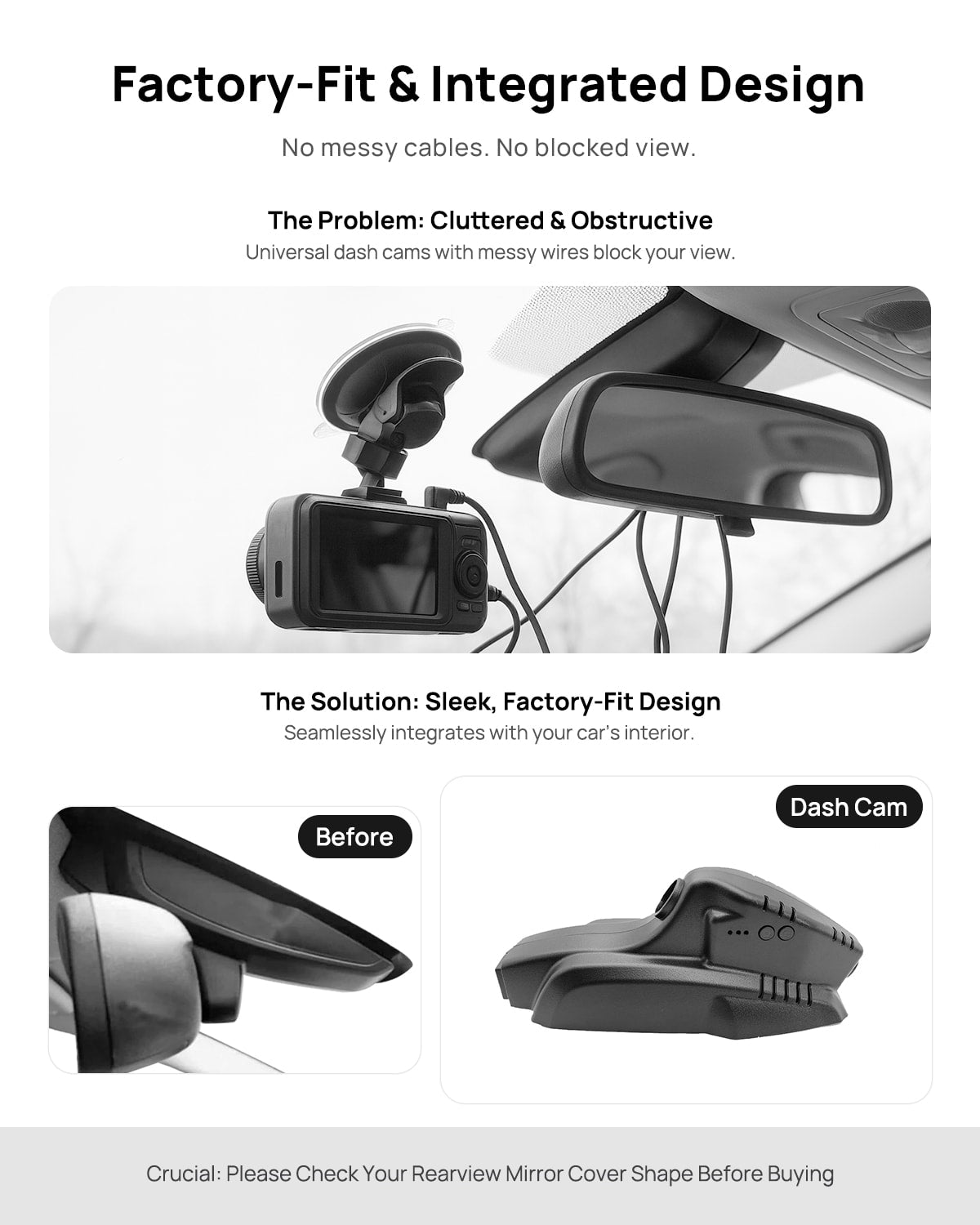 Before vs after installation on BMW 2 Series Gran Tourer F46 2018: integrated front & rear dash cam behind mirror cover for a cleaner, unobstructed view