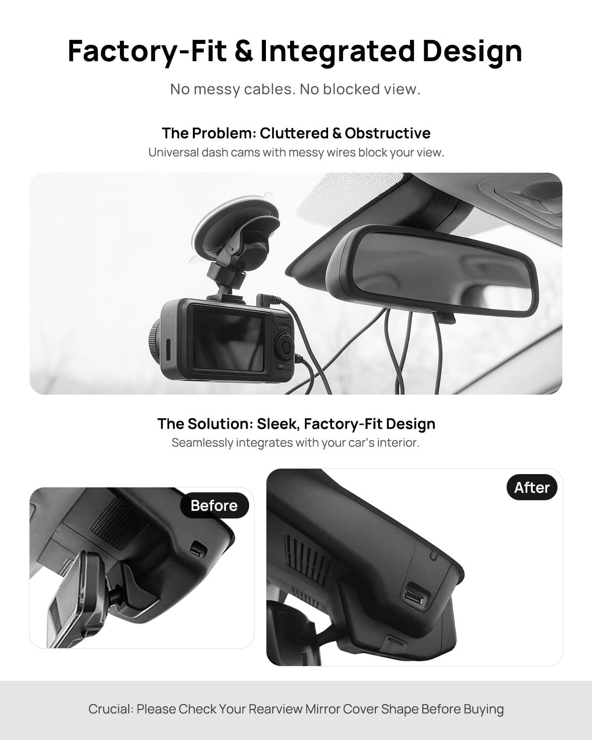 Before vs after installation on Hongqi HS5 2023-2025: integrated front & rear dash cam behind mirror cover for a cleaner, unobstructed view