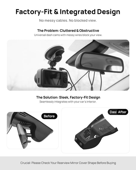 Before vs after installation on BMW i3 2025: integrated front & rear dash cam behind mirror cover for a cleaner, unobstructed view