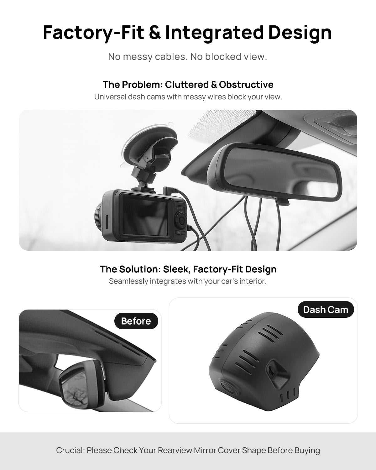 Before vs after installation on ?koda Octavia 2021-2025: integrated dash cam behind mirror cover for a cleaner, unobstructed view