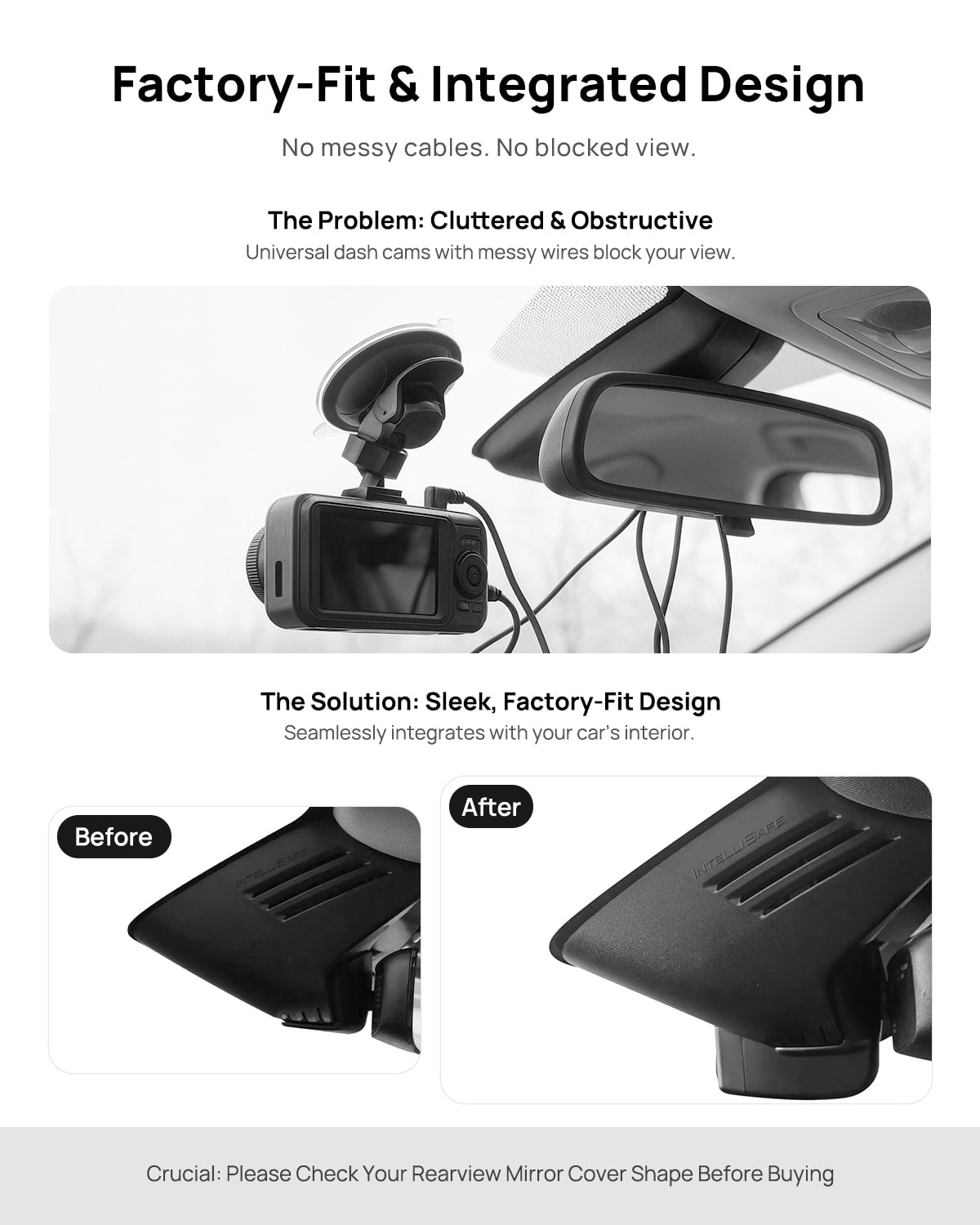 Before vs after installation on Volvo XC90 2016-2022 T5 T6 T8: integrated front & rear dash cam behind mirror cover for a cleaner, unobstructed view