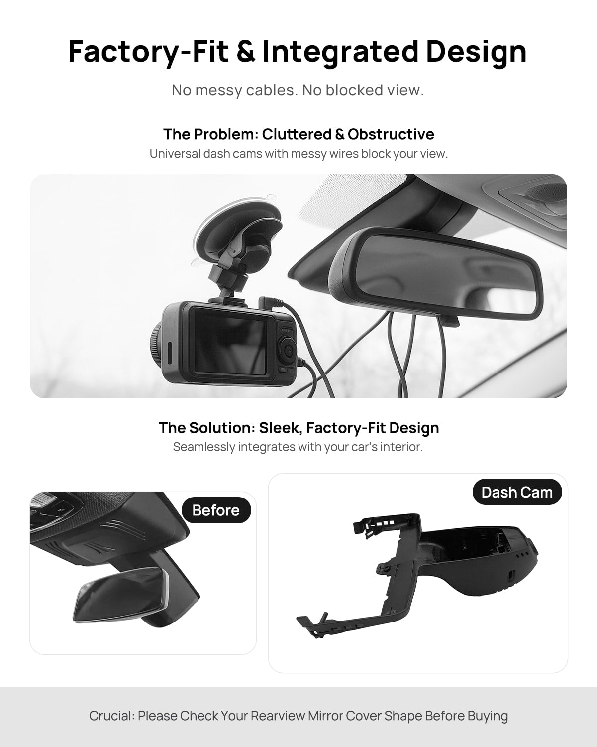 Before vs after installation on BMW X6 M G06 F96 2020: integrated front & rear dash cam behind mirror cover for a cleaner, unobstructed view