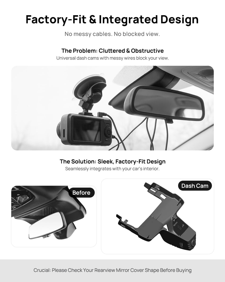 Before vs after installation on BMW 2 Series G42 2025: integrated front & rear dash cam behind mirror cover for a cleaner, unobstructed view
